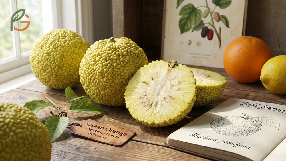 Osage orange tree fruit botanical classification as Maclura pomifera showing its relation to mulberries rather than citrus.