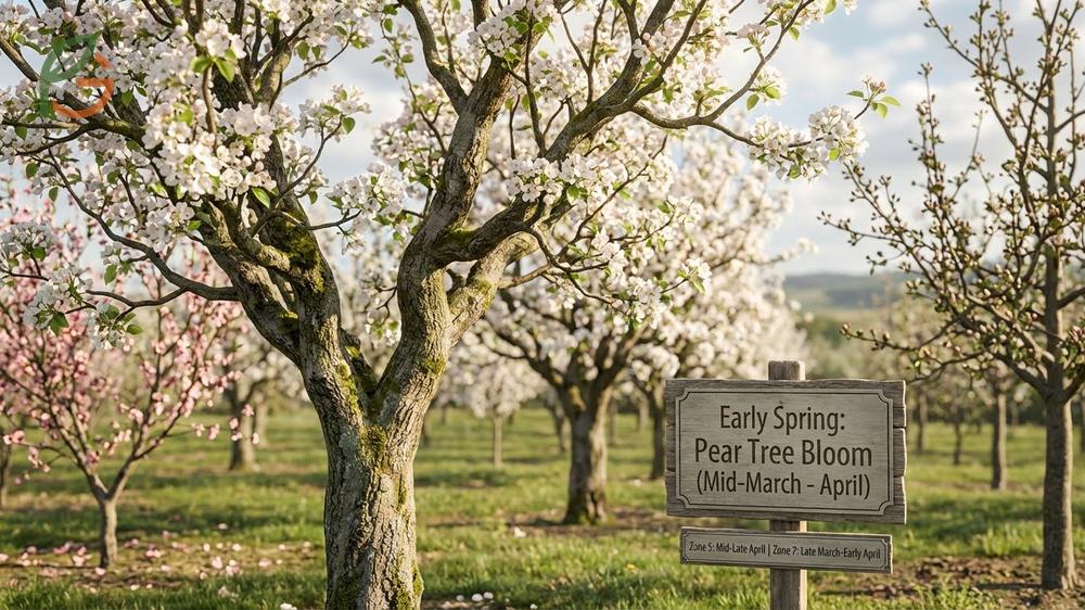 When do pear trees bloom typically depends on the region with most flowering occurring in early spring or April.