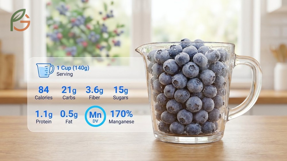 Wild blueberry nutrition facts showing high fiber density and one hundred seventy percent daily value of manganese per cup.