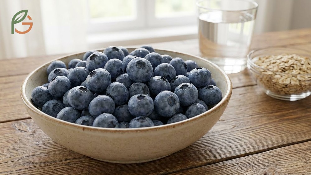 A cup of fresh blueberries providing eighty-four calories and four grams of fiber for digestive health and safety.