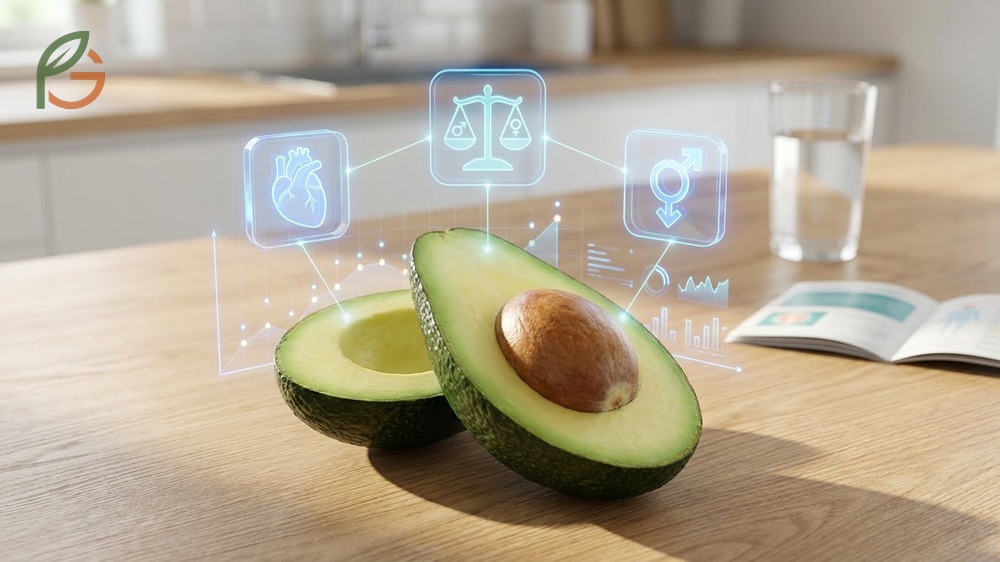 Avocado benefits for men reducing heart disease risk by 16 percent through regular consumption of healthy fats.