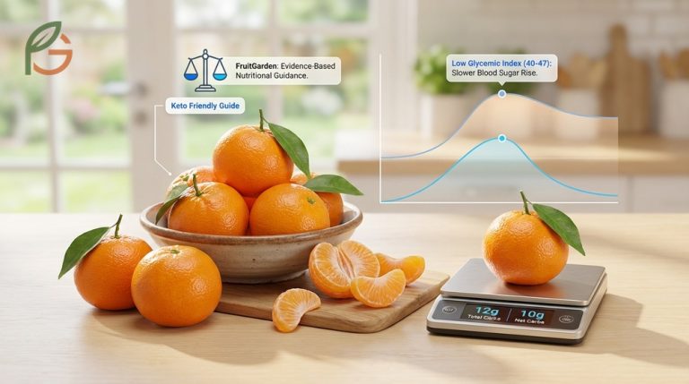 Carbs in mandarin oranges guide for keto diets with 12g total and 10g net carbs per fruit.