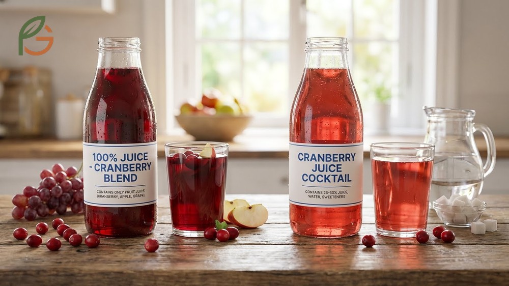 Comparison of cranberry juice vs cranberry juice cocktail labeling regarding juice content and added sweeteners.