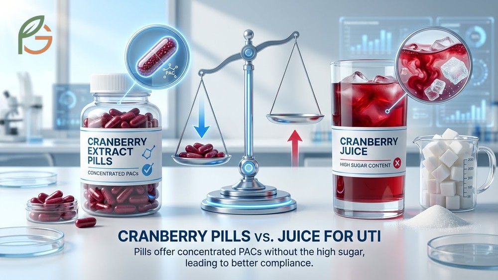 Cranberry pills vs juice for UTI prevention showing pills offer concentrated benefits without added sugars.