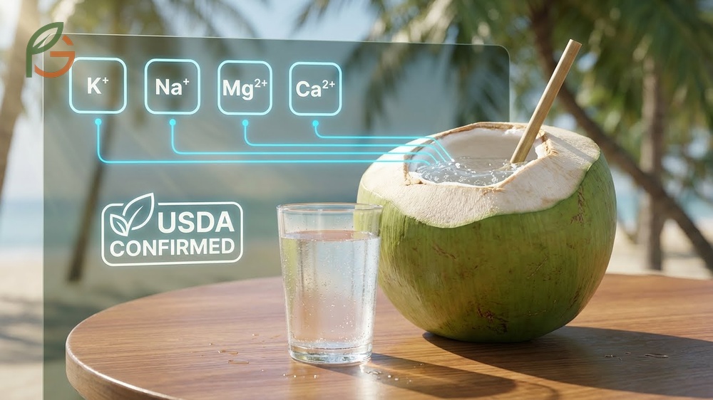 Coconut water containing four essential electrolytes including 250mg of potassium for fluid balance and muscle function.