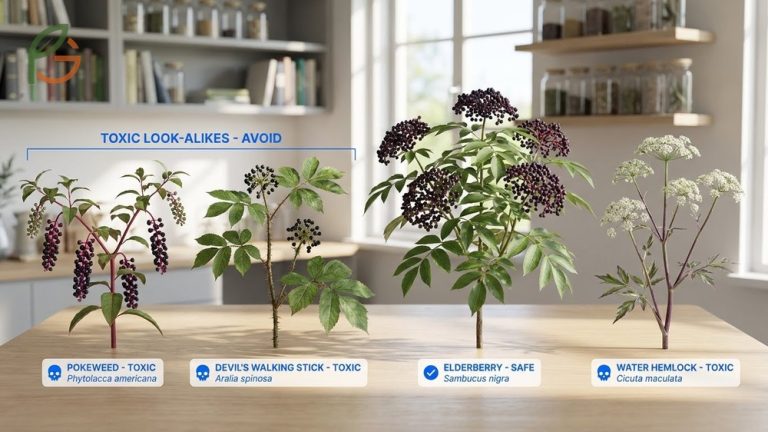 Elderberry look alikes identification guide to help foragers distinguish safe berries from toxic plants.