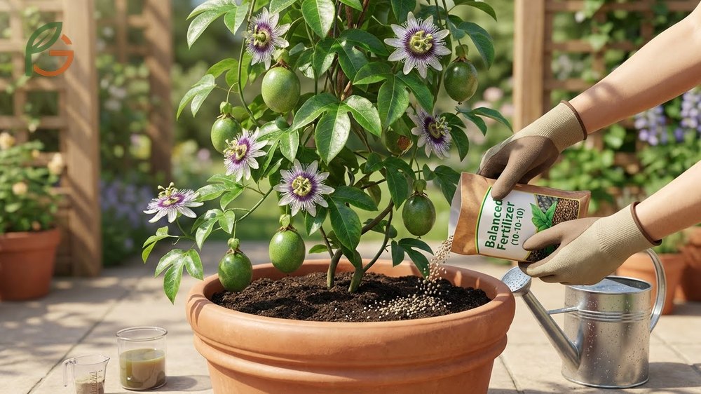 Fertilizing passion fruit in pots with balanced nutrients every 4 weeks during the active growing season.