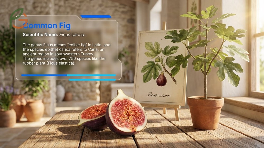 Fig tree scientific name Ficus carica identification features including leaf shape and milky latex sap.