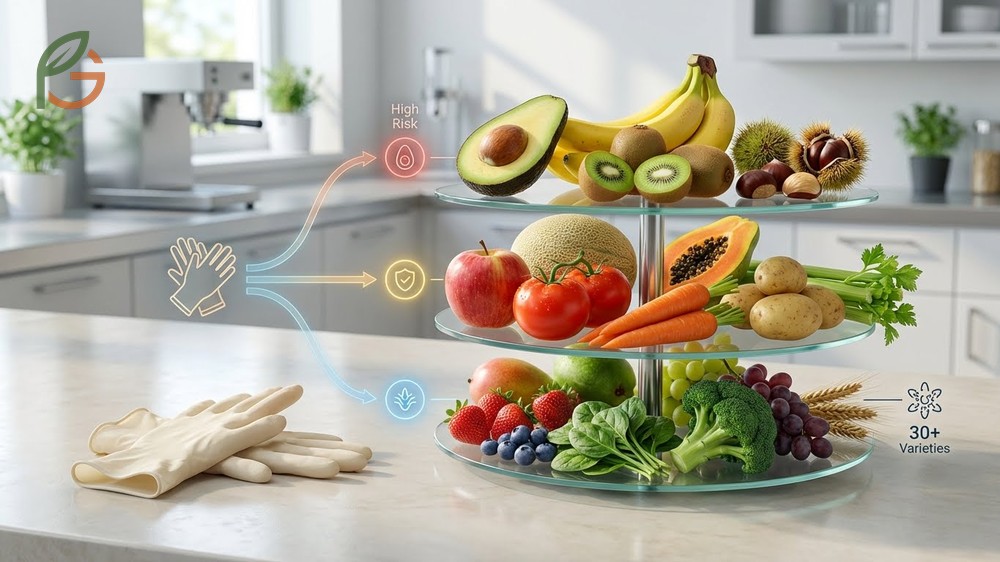 Foods to avoid with latex allergy including avocado banana kiwi and chestnut due to proteins.