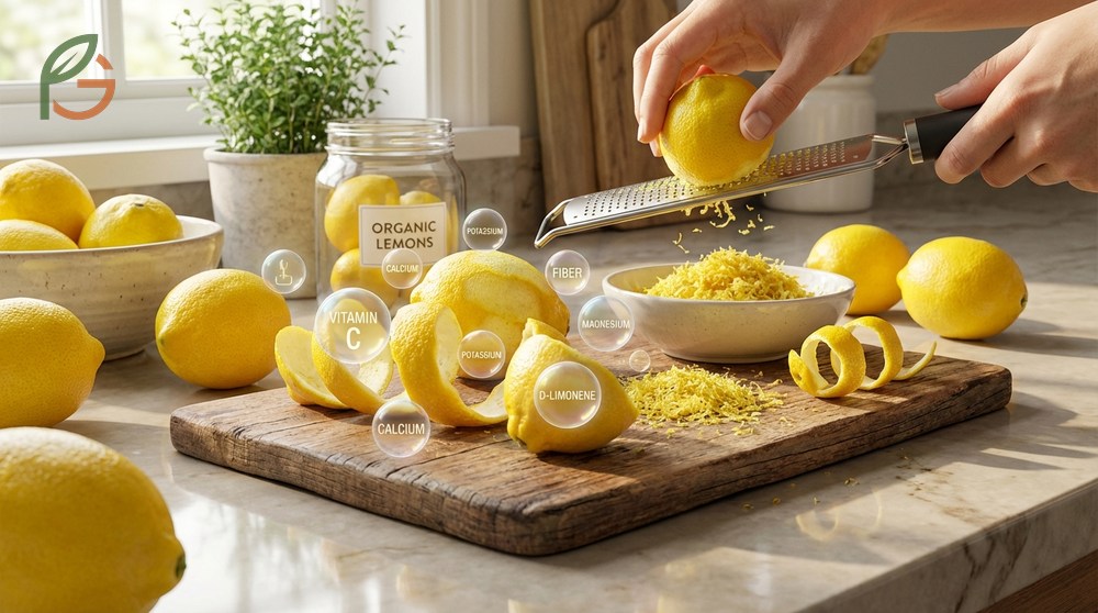 Health benefits of lemon peel provide 9 percent of daily fiber needs and concentrated d-limonene in one tablespoon.