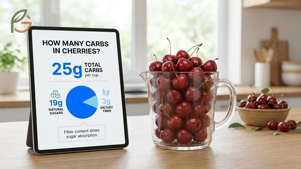 Detailed breakdown showing 25 grams of carbohydrates and 3 grams of fiber in one cup of fresh sweet cherries.