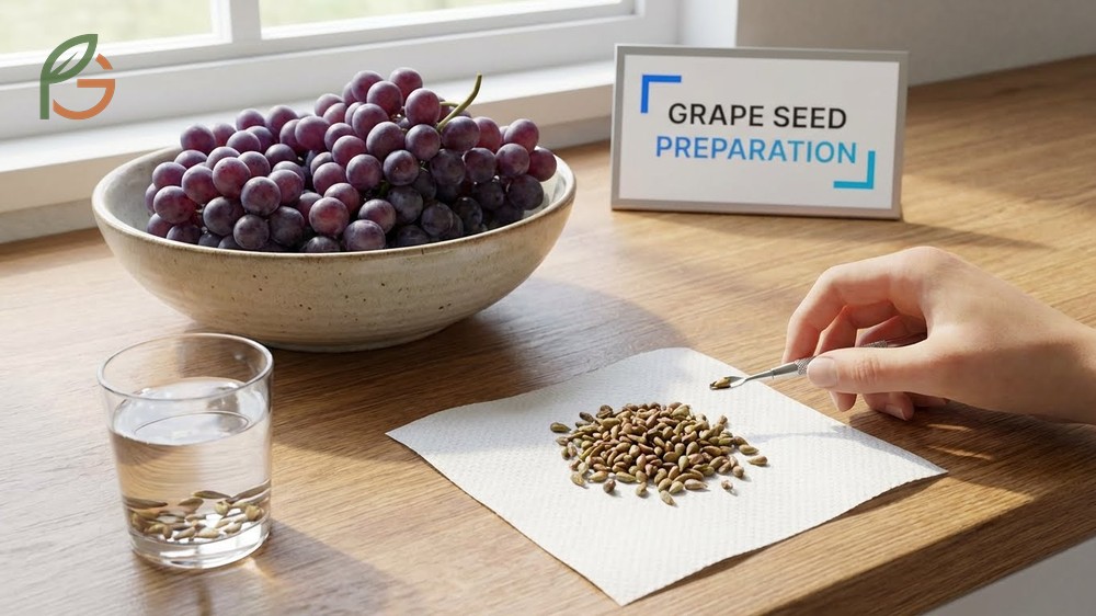Fresh grape seeds require thorough cleaning and stratification in cold storage for 90 to 120 days before planting.