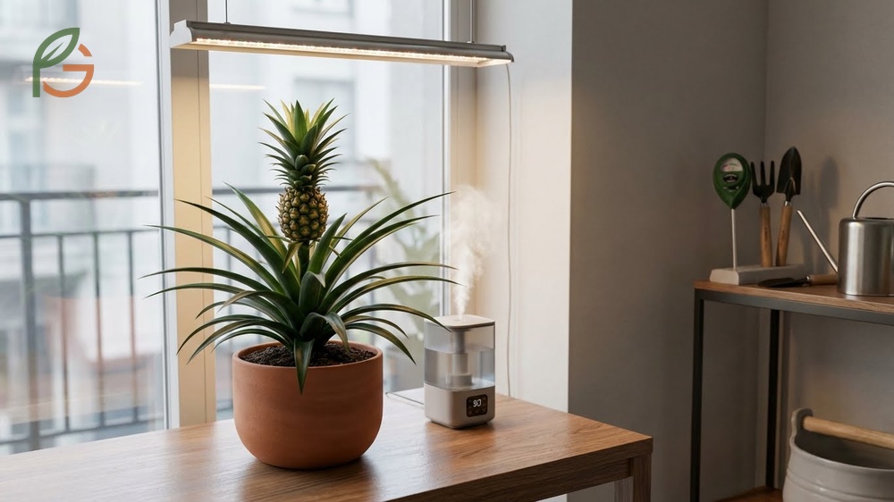 Indoor pineapple plant care includes placing the pot in a sunny south-facing window away from drafts.