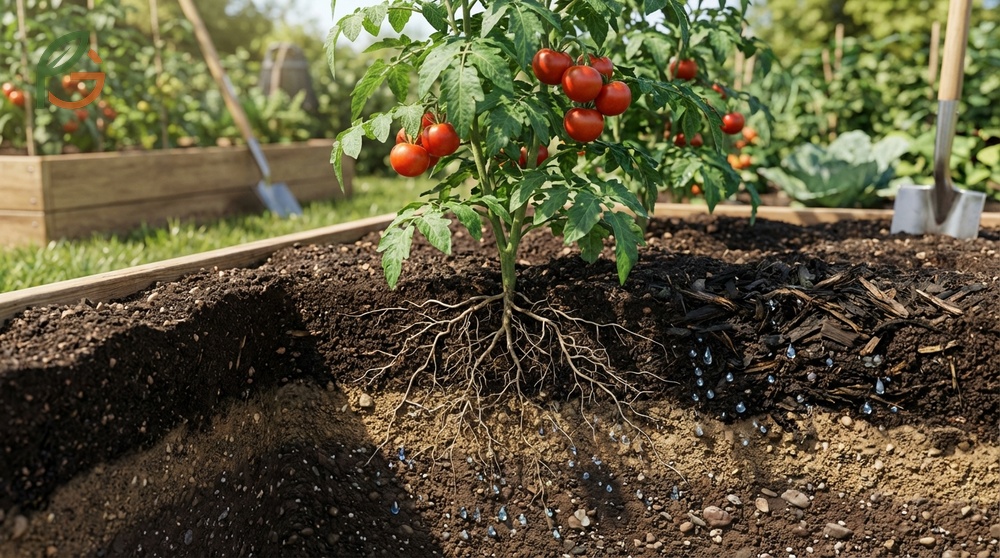 Cross section of sandy loam soil showing ideal drainage and aeration structure for healthy tomato roots.