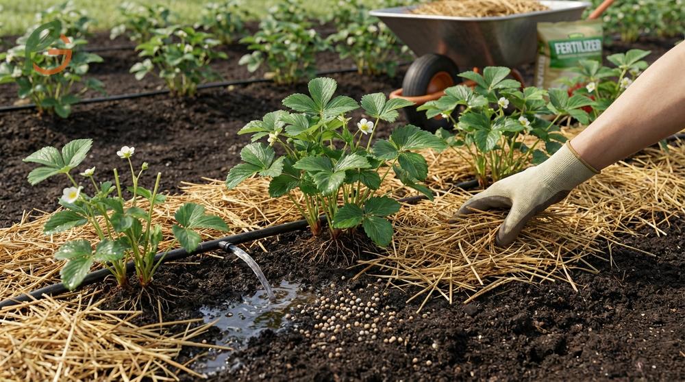 Mulching around pruned strawberry plants with straw to retain moisture and suppress weeds after renovation.