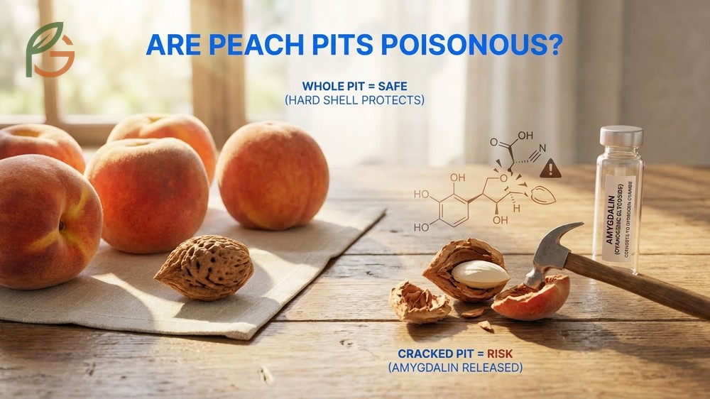 Peach pits contain amygdalin which releases cyanide only when the hard shell is cracked and the seed is chewed or crushed.