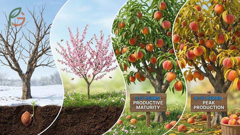 Peach tree life cycle stages progressing from winter dormancy through spring flowering to harvest.