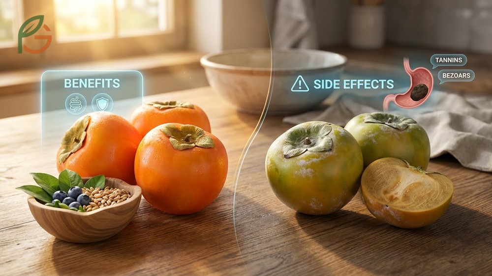Persimmon benefits and side effects analysis highlighting digestion risks from tannins in unripe fruit and potential stomach issues.