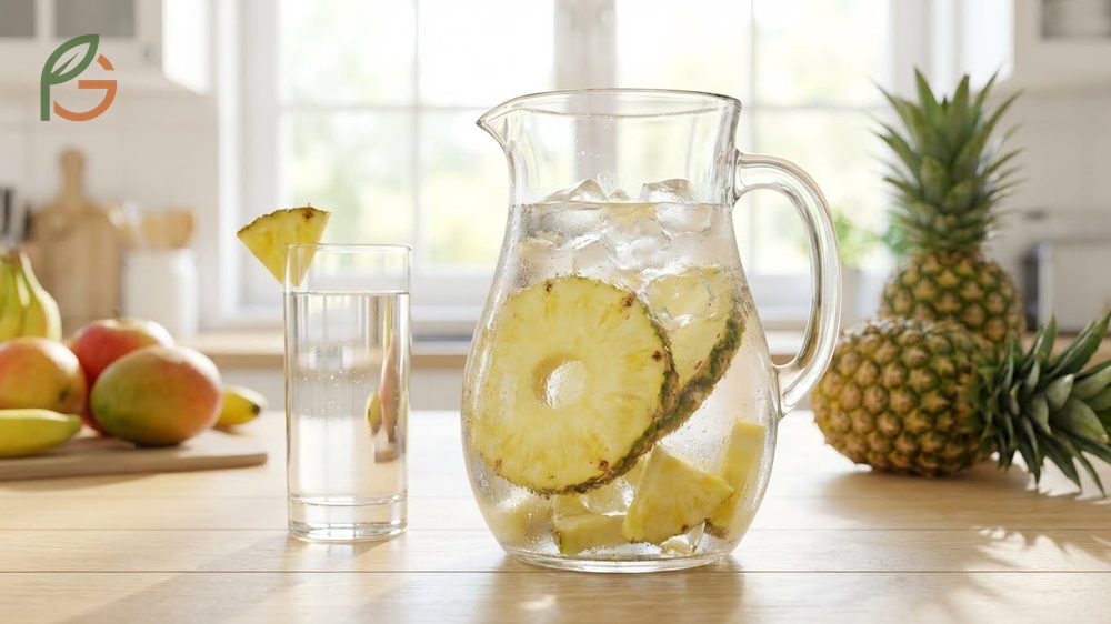Pitcher of cold water infused with fresh pineapple chunks to serve as a natural diuretic and low calorie drink.