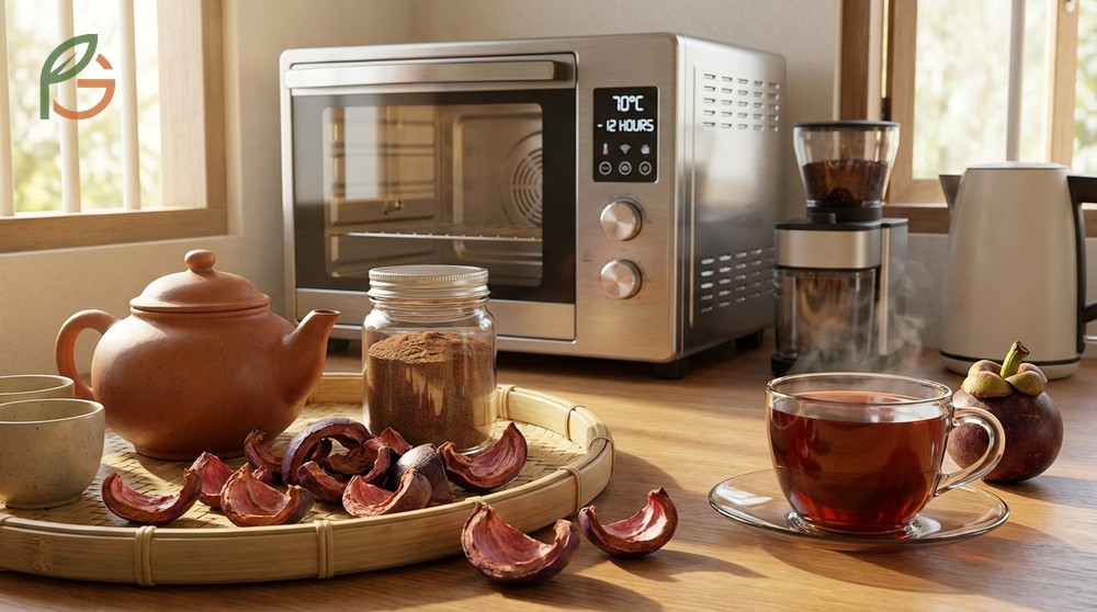 Mangosteen tea benefits are maximized by brewing dried peel strips at 100 degrees Celsius for 3 to 5 minutes.