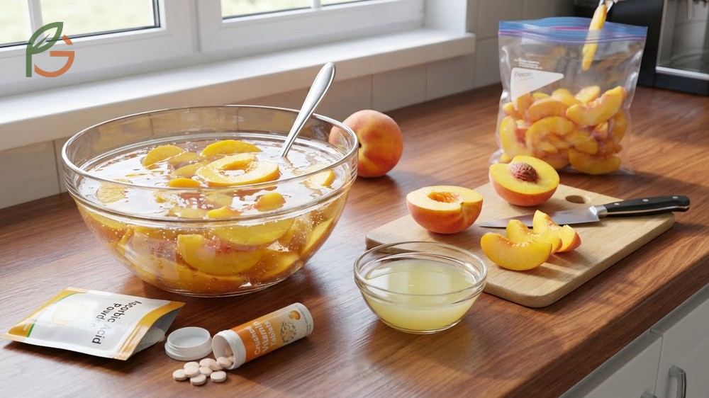 How to freeze fresh peaches without them turning brown using 1 teaspoon of ascorbic acid per quart of water.