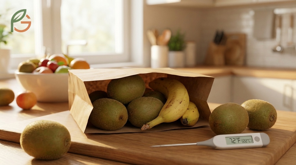 Ripening kiwi with banana in a closed paper bag concentrates ethylene gas to condition 3-5 fruits effectively overnight.