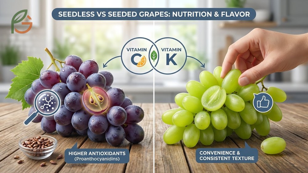 Seedless vs seeded grapes analysis showing antioxidant benefits of seeds and consumer preference trends.