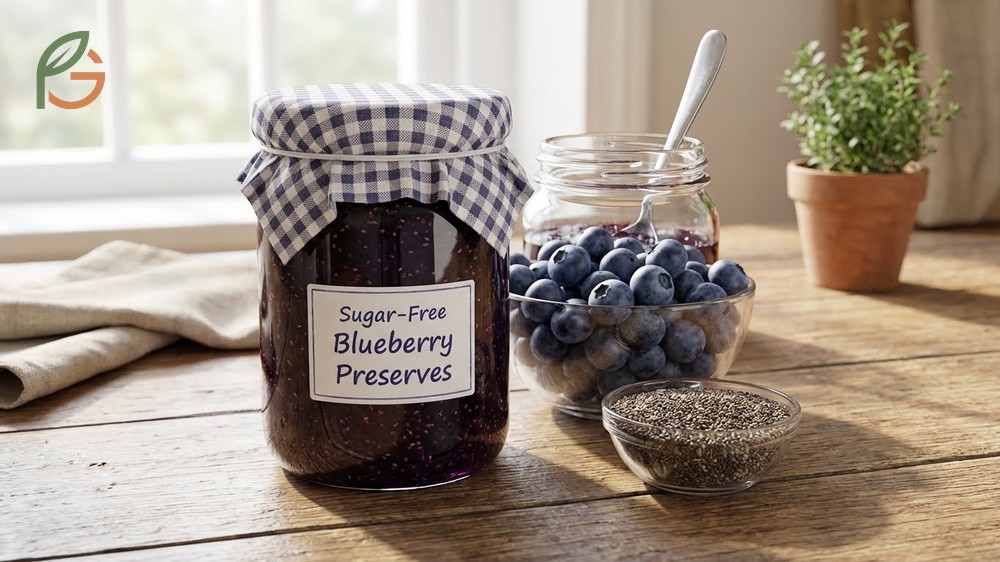 Sugar free blueberry preserves using chia seeds as a natural thickener and monk fruit or erythritol to reduce carbohydrates without sacrificing texture.