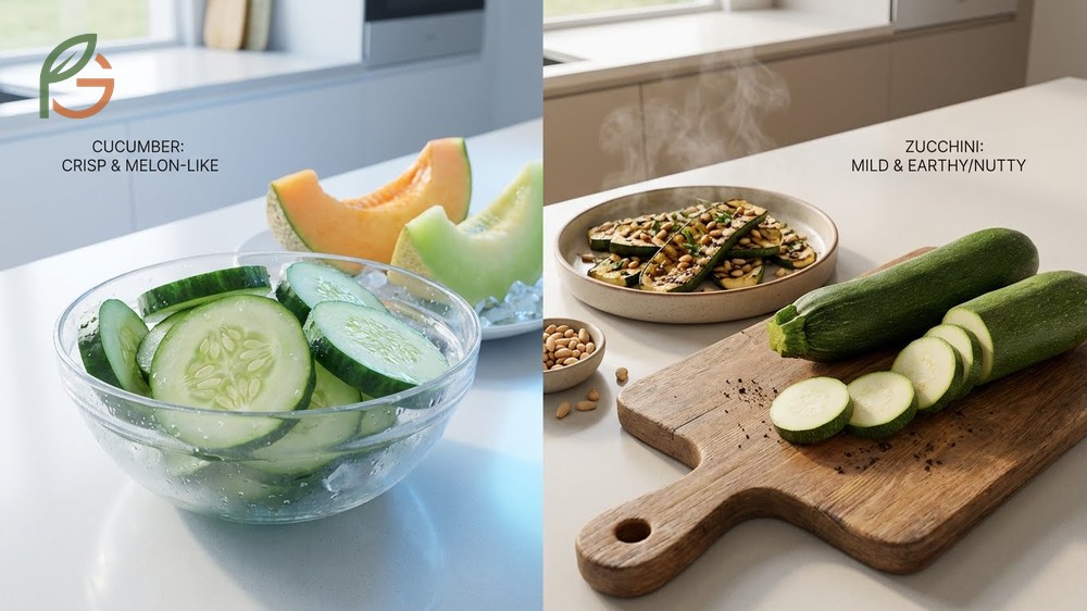 Taste and flavor differences describing the crisp melon flavor of raw cucumber versus the earthy mild taste of zucchini.