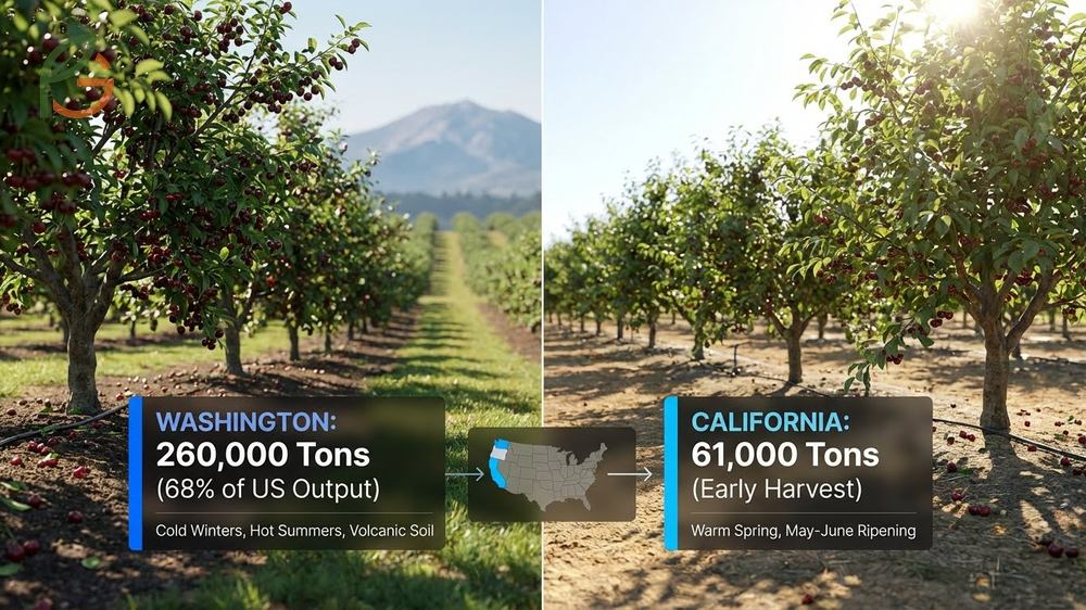Top cherry producing states highlight Washington leading with 68 percent of national harvest output.