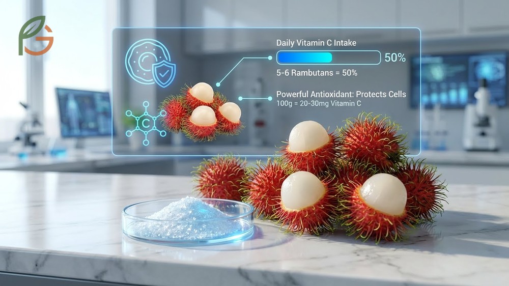 Vitamin content in rambutan includes 20 to 30mg of vitamin C providing powerful antioxidant protection.