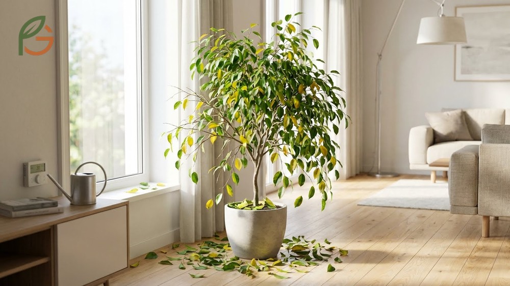 Weeping fig dropping leaves caused by environmental stress like moving the plant or drafts.