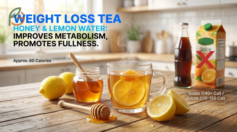 Weight loss tea with honey and lemon contains only 60 calories per serving to help reduce overall daily intake.