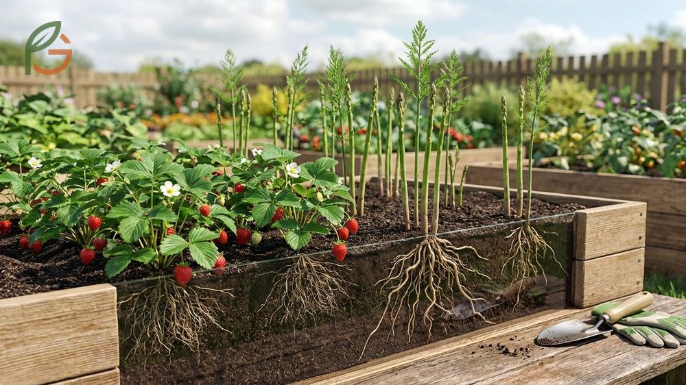 What to plant with strawberries diagram including asparagus and bush beans that fix nitrogen for better growth.