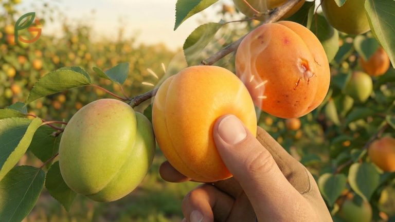 When to harvest apricots guide explaining the color shift from green to golden-orange for optimal ripeness and flavor.
