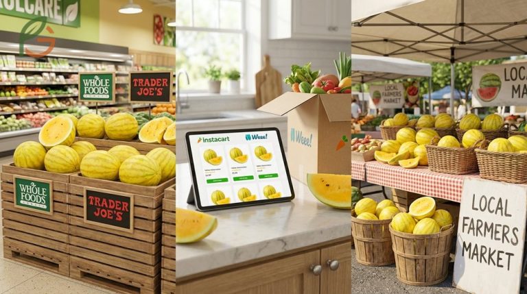 Where to buy yellow watermelon at major retailers like Whole Foods and Trader Joes or online markets.