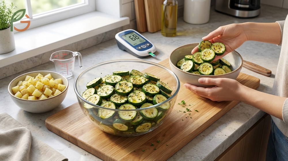 Zucchini portion diabetes planning allowing for generous serving sizes of up to two cups without glucose spikes.