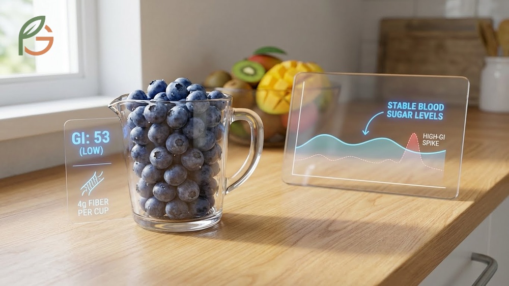 A diabetic-friendly serving of blueberries paired with protein to maintain stable blood sugar levels.