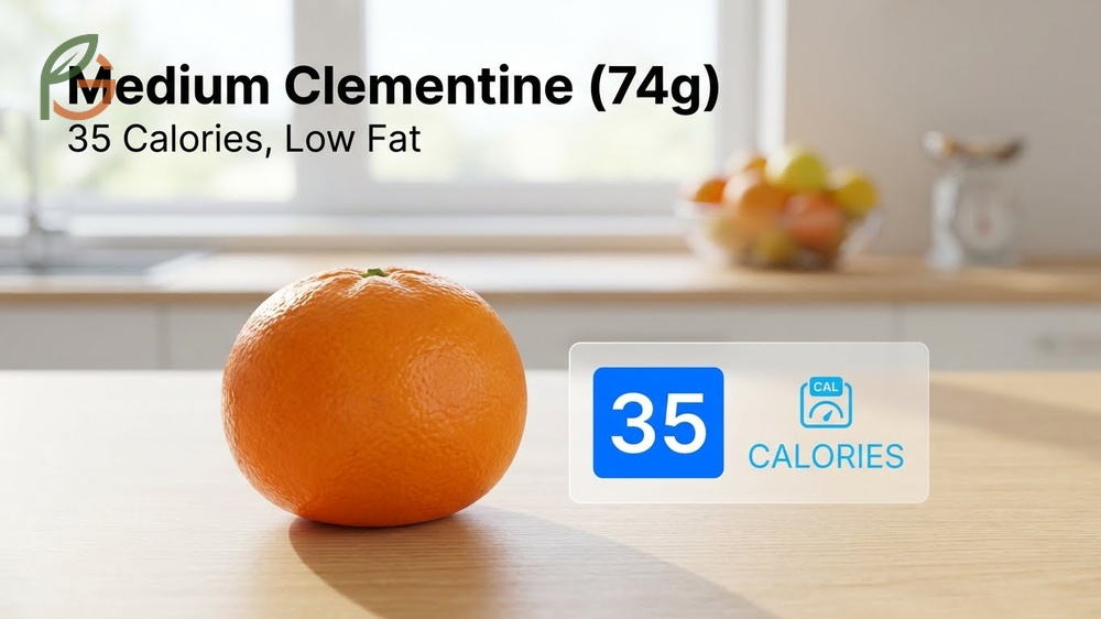 Calories in a clementine breakdown showing 35 calories per 74g fruit with essentially zero fat content.