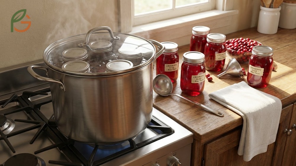 Water bath canning cranberry juice for 25 minutes to preserve it for up to 18 months without refrigeration.