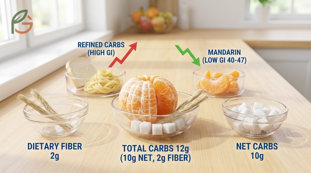 Carbs in mandarin oranges calculation of net carbs showing 10g per medium fruit for diet tracking.