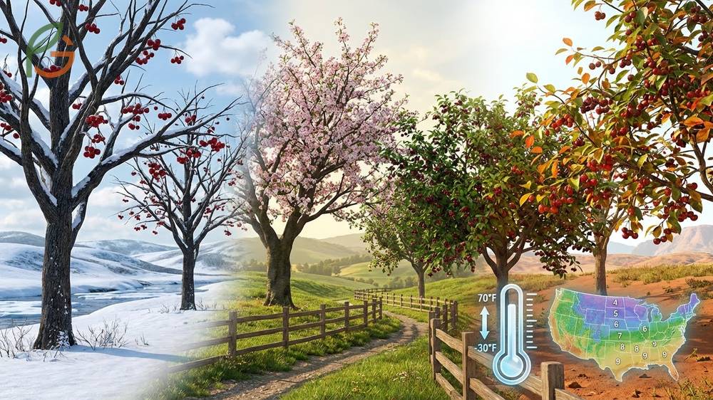Cherry tree growing zones illustrating USDA zones 4-9 suitability for sweet and tart varieties.