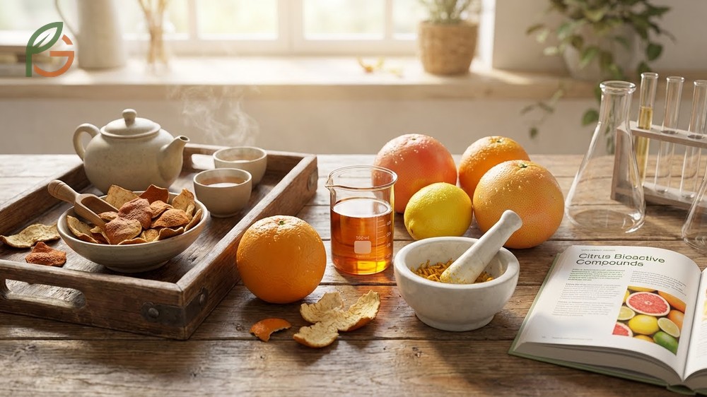 Citrus peels support cardiovascular health and weight management through polymethoxylated flavones and fiber content.