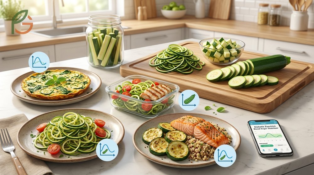 Diabetic zucchini consumption strategies using low-carb preparation methods like spiralizing noodles or grilling.