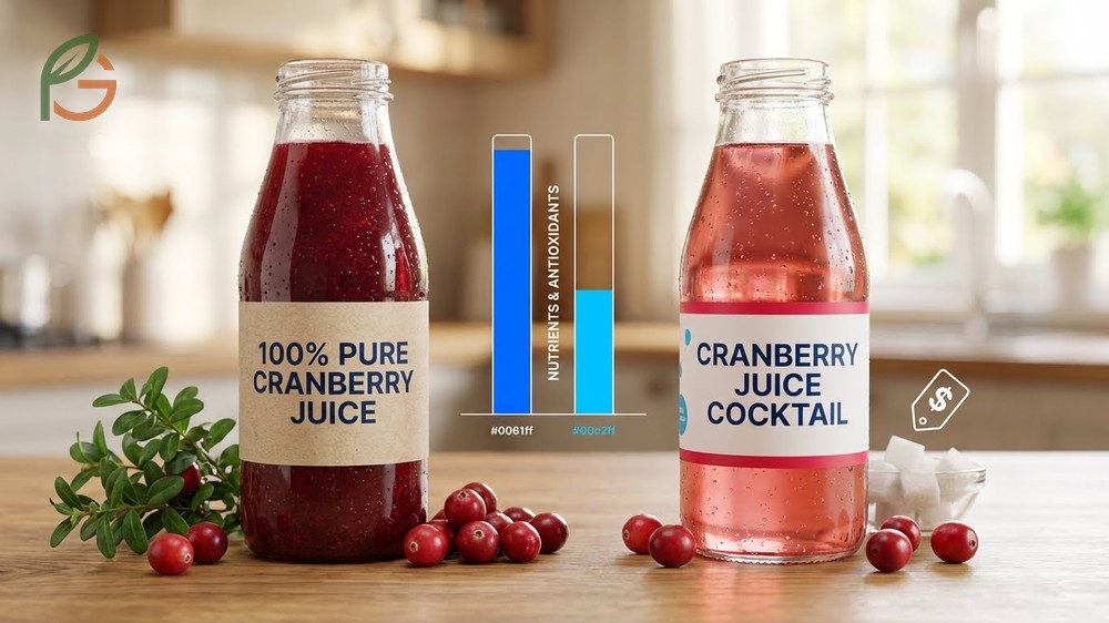 Difference between cranberry juice and cranberry juice cocktail lies in ingredient purity and added sugar levels.