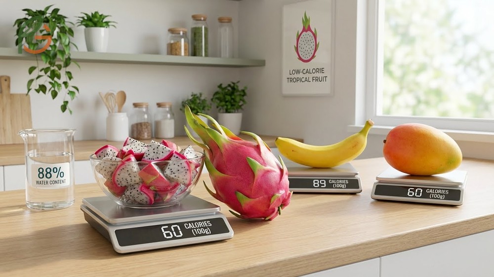 Dragon fruit calories per 100g showing 88 percent water content which helps maintain satiety with minimal energy intake.