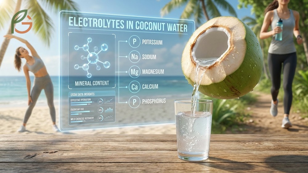 Nutritional breakdown of electrolytes in coconut water showing specific potassium sodium magnesium and calcium levels.