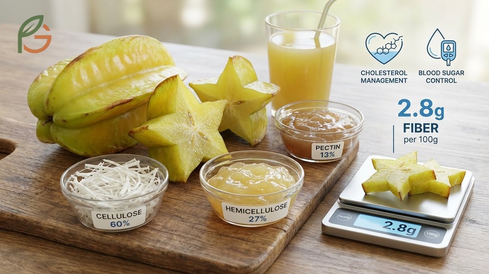 Fiber content starfruit provides 2.8 grams per serving which promotes regularity and helps manage blood sugar levels.