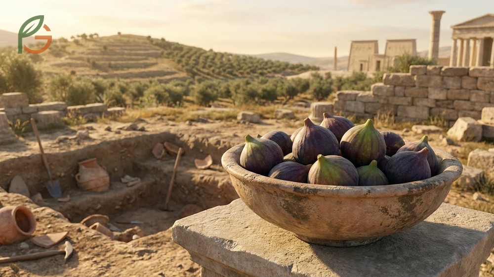 History of figs timeline showing cultivation in the Mediterranean and ancient use as a staple food source.