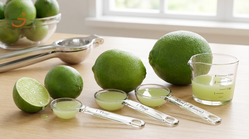How much lime juice in one lime guide explains that a medium fruit typically yields 2 tablespoons or 1 fluid ounce of fresh juice.